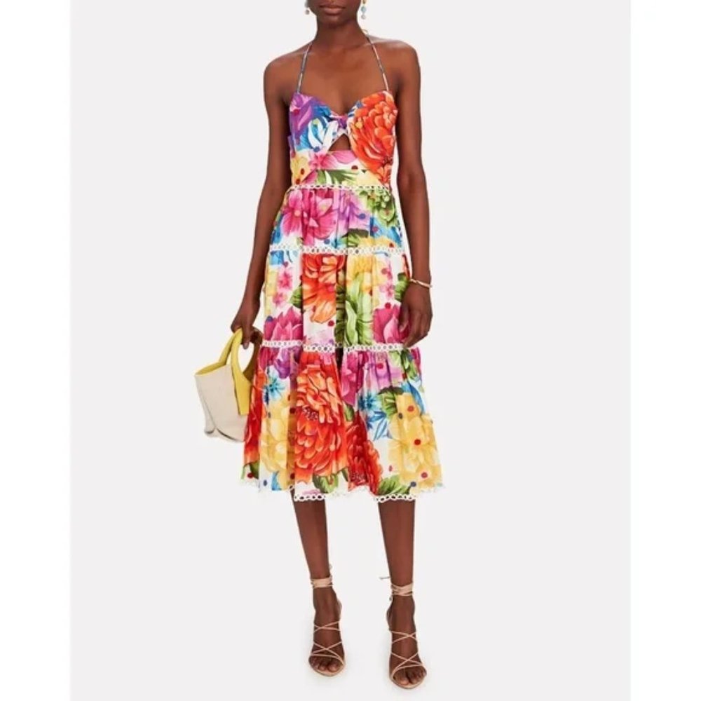 Farm Rio Midi Dress Rainbow Chita Floral Print Cut Out - Size S - NWT$335